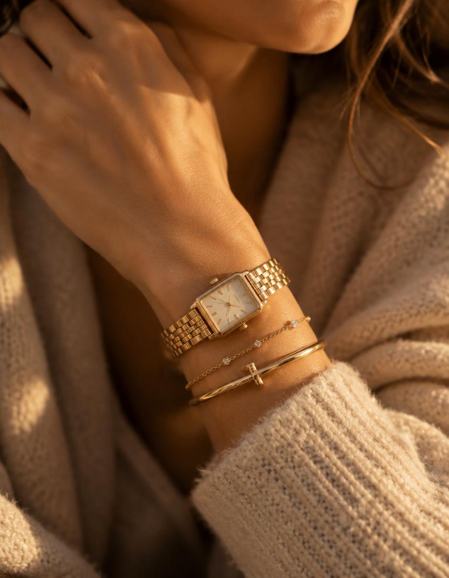 Pulso feminino com relógio dourado